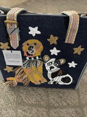 NEW Navy Beaded Tote with Dog and Star Accents